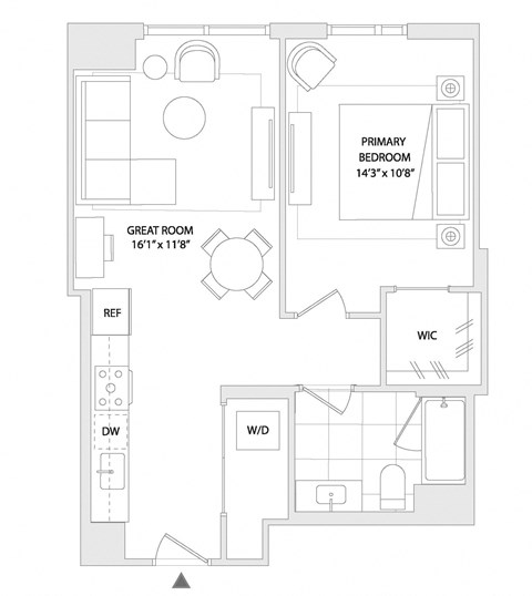 Floor plan for 1 bed, 1 bath, 636 sqft